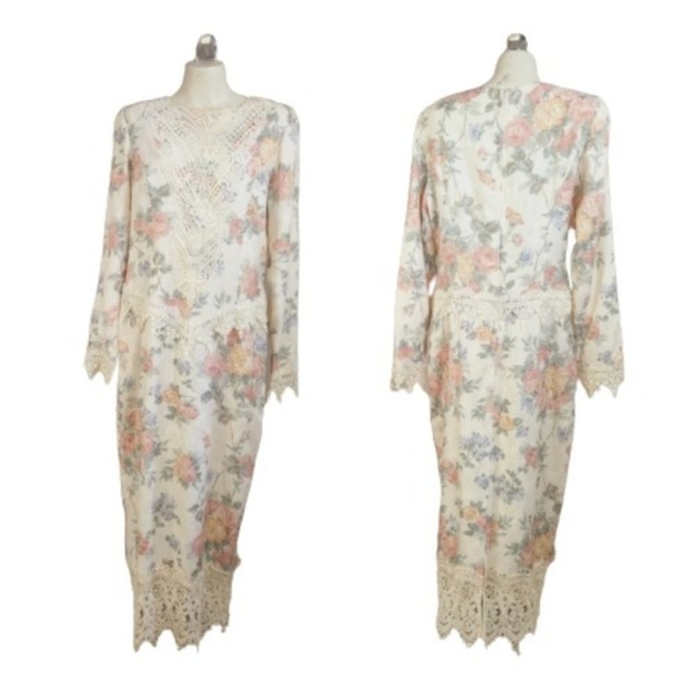 Vintage Jessica McClintock Pastel Floral 90s Dress Sequin Crochet Lace Formal 14